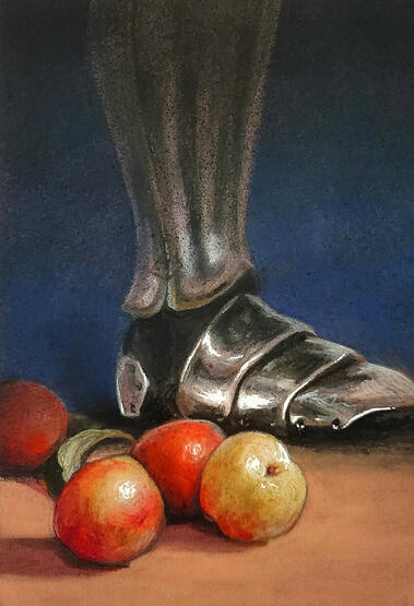 Peaches, Silkscreen, charcoal &amp; chalk pastel on paper, 2020