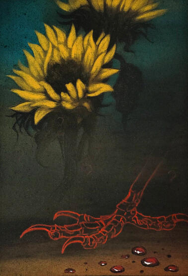 Sunflowers, Silkscreen, charcoal &amp; chalk pastel on paper, 2020